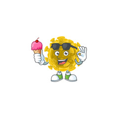 cartoon character of infectious coronavirus enjoying an ice cream