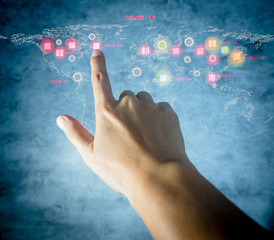 Soft light Index finger pushing button on a touch screen , Stop the virus Covid-19
