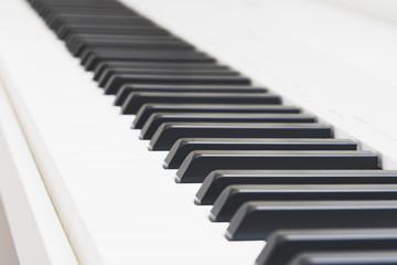 Naklejka premium keys on a white piano close -up, tinted image, selective focus