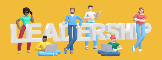 Group of young multiethnic successful people with laptop, tablet, phone and word leadership on yellow background. Horizontal banner cartoon character and text website slogan. 3D rendering.