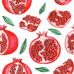 Watercolor pomegranate seamless pattern. Elements on white background. Illustration for menu, catalog, restaurant, cartoon, game, kitchen, textile, decor.