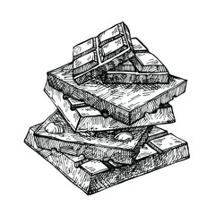 Hand drawn chocolate pyramid. Chocolate bar broken into pieces, appetizing realistic drawing. Illustration of choco bar on white background. 