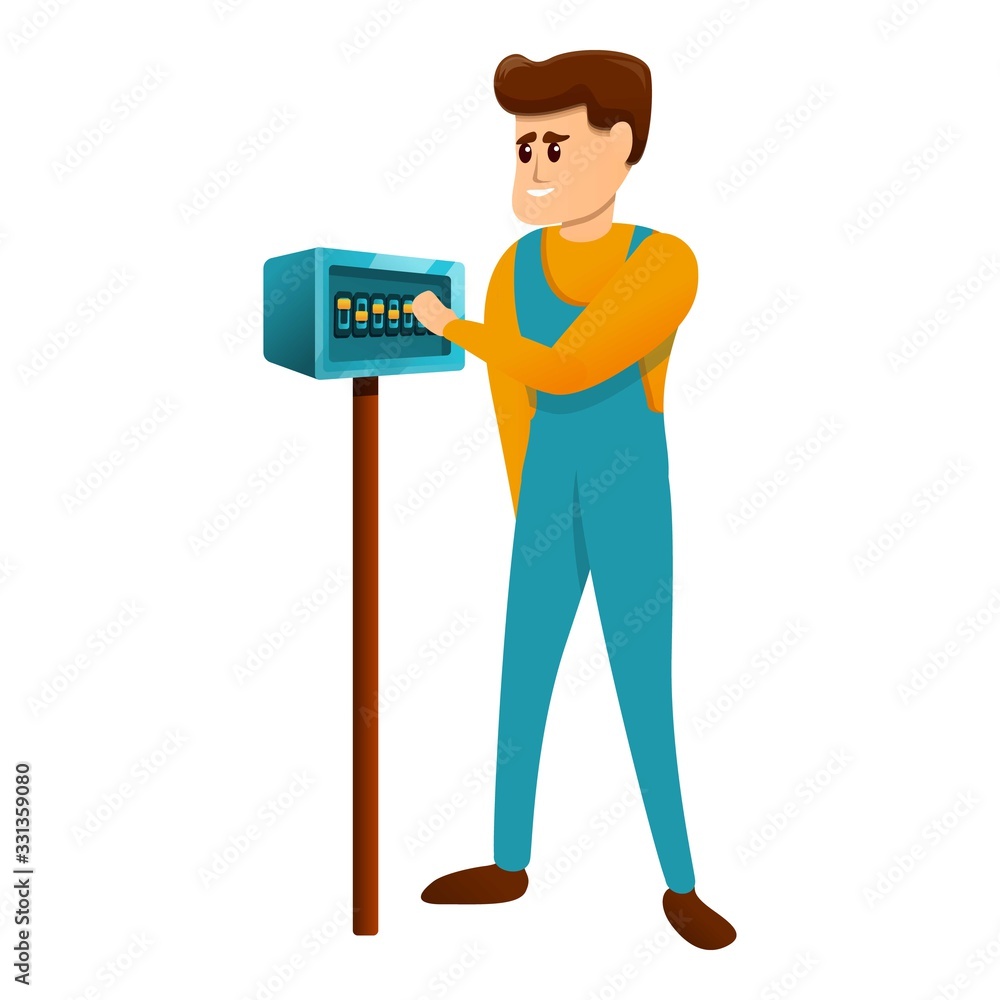 Aufkleber man and electrical switch icon. cartoon of man and electrical switch vector icon for web design isol