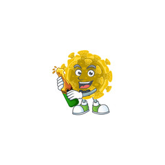 mascot cartoon design of infectious coronavirus with bottle of beer