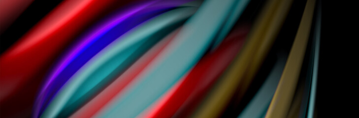 Silk and smooth flow wave poster design. Color waves, liquid style lines and shapes in black color background