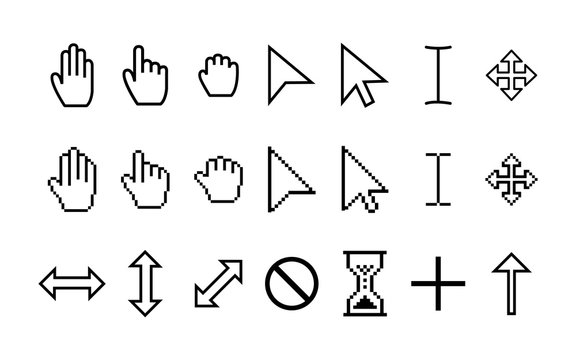 Set pointer cursor icons. Arrow web cursors, digital hand pointers pictograms. Clicking and grab hand pixel icon. Vector illustration eps10
