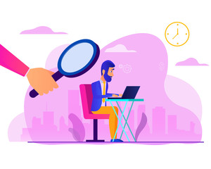 man works under the supervision of a boss. Superiors is watching over employee. Design element for banner, poster, web. Concept business vector illustration. Flat cartoon design