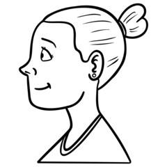 woman from the side with bun. emotion, happy, outline, comic, avatar, monochrome.