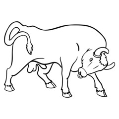 monochrome drawing of a bull who is evil. hooves, outline, anger, comic.