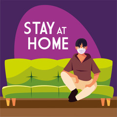 stay at home awareness social media campaign and coronavirus prevention: man sitting on the sofa