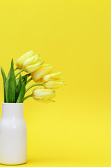 Bouquet of yellow flowers tulip in small ceramic vase on yellow background. Natural spring flowers. Vertical format and copy space.