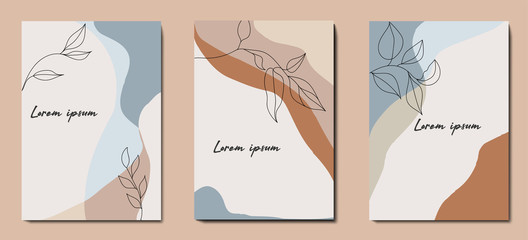 Fototapeta na wymiar Modern abstract background with minimalism. Calm, pastel colors in brown tones. Plant elements. Wedding invitation design. Graphic design geometric shape. Creative vector concept.