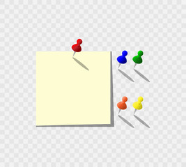 Yellow sticker pinned by red pushpin with shadow.Set of multi-colored push pins.Vector illustration.Eps10