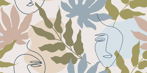 Modèle sans couture en sourdine, beige et marron avec des feuilles tropicales abstraites et des faces d& 39 une ligne.