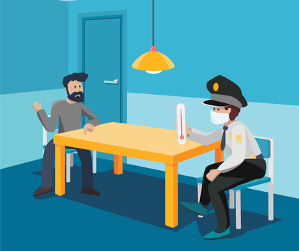Interrogation room with a customs officer and a sick passenger immigrant to the coronavirus, the spread of the virus and pandemic.  Vector modern flat cartoon style art illustration concept.
