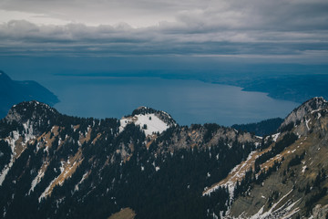 Beautiful mountain panorama from Leysin range on a cloudy winter day. Looking towards Lac Leman and Lausanne.