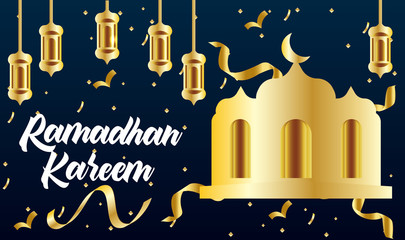 Happy Ramadan Kareem  banner, greeting card design with islamic lanterns, stars and moon on gold. Vector illustration
