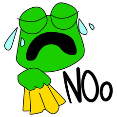 Killed by sadness, a crying toad. The frog holds a scarf and sheds tears. Emotion of grief and frustration. Cry of the word 