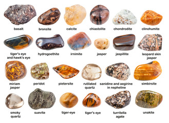 set of various brown gemstones with names isolated