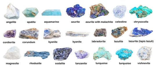 Fotobehang set of various blue unpolished rocks with names © vvoe