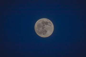 Full moon on a dark blue sky. Bright shiny moon on the sky in winter time.