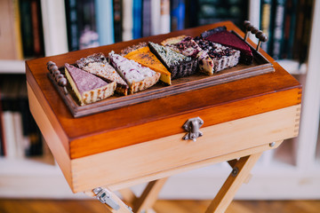 Delicious vegan cake slices. Eat healthy concept. Non dairy and gluten free products. 