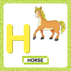 Letter H uppercase with cute cartoon horse or pony isolated on white background. Funny colorful flashcard Zoo and animals ABC alphabet. Education card for kids learning English vocabulary.Vector EPS10