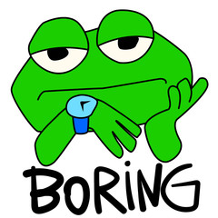 Bored green toad. Frog looking at the clock. Lettering of the word 
