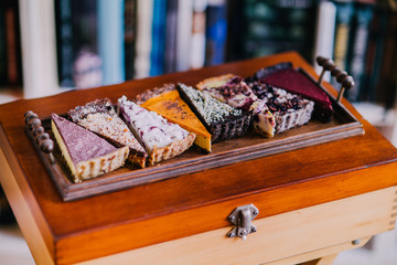 Delicious vegan cake slices. Eat healthy concept. Non dairy and gluten free products. 