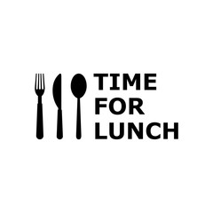 Time for lunch text with spoon, fork and knife on white background