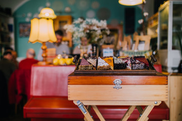 Delicious vegan cake slices. Eat healthy concept. Non dairy and gluten free products. 