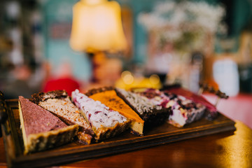 Delicious vegan cake slices. Eat healthy concept. Non dairy and gluten free products. 