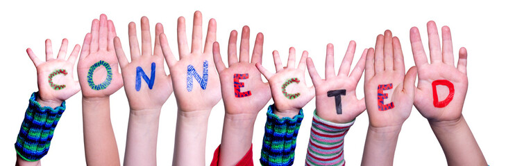 Children Hands Building Colorful Word Connected. White Isolated Background