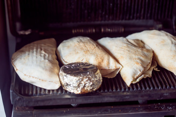 Fresh lamb kebabs with salad in pita bread, Morocco 
