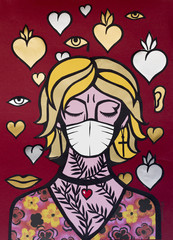 A girl in the temple with a medical bandage on her face. Vots. Sanctuary.