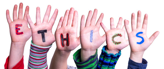 Children Hands Building Colorful Word Ethics. White Isolated Background