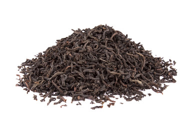 Dry black tea leaves isolated on white background
