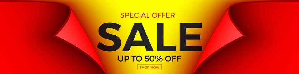 Special offer sale banner, up to 50% off. Red ribbon with curved edges on yellow background. Sticker. Vector illustration.