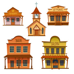 Fototapeta premium Wild west buildings set. Church, saloon, bank, sheriff and store wooden traditional western architecture isolated on white background. House exterior, cowboy style design, Cartoon vector clip art