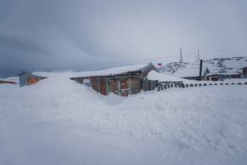 The old fishing village on the shore of the Barents sea, the Kola Peninsula, Teriberka, Russia