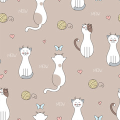 Draw seamless pattern with cute cats in doodle cartoon style. Happy kitten vector background.