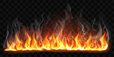 Realistic fire with smoke isolated on transparent background. Vector mockup of flame border, bright burning blaze with smoke and sparks. Glowing fiery wall with ember particles and fume © klyaksun