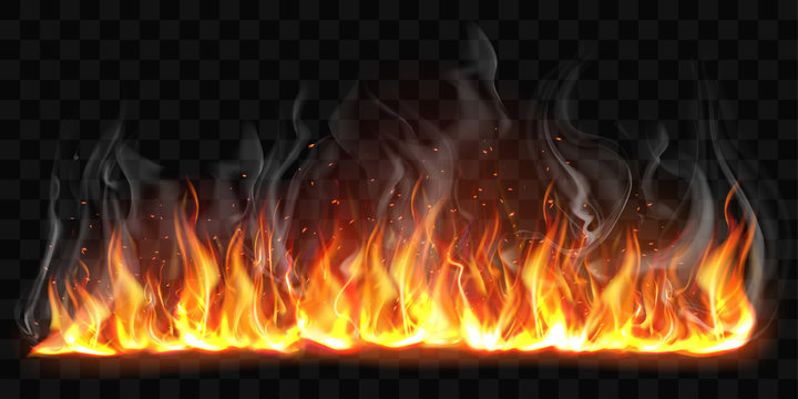 Realistic fire with smoke isolated on transparent background. Vector mockup of flame border, bright burning blaze with smoke and sparks. Glowing fiery wall with ember particles and fume