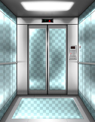 Empty glass elevator cabin with transparent walls, floor and closed doors. Vector realistic interior of passenger lift with buttons panel and digital display with arrows up and down in office building © klyaksun