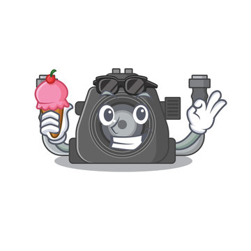 cartoon character of underwater camera holding an ice cream