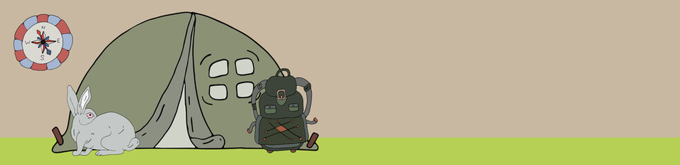 Camping Tent Camp vector hand drawn horizontal banner. Convenient tent, hare, compass and large hiking backpack. Outdoor activities concept background with place for text.