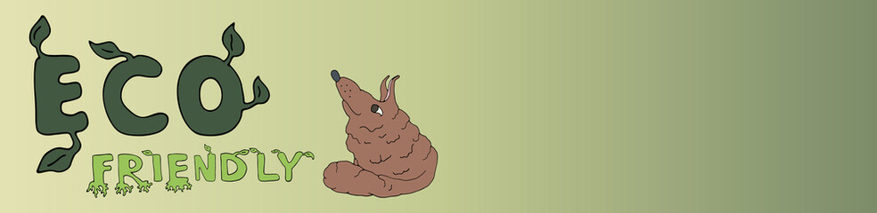 Eco friendly vector hand drawn horizontal banner. Natural lettering with green leaves and roots. Fluffy fox is looking. Ecology concept background with place for text.