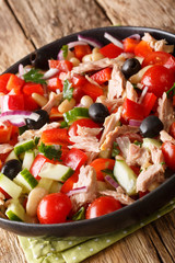 Mediterranean tuna salad with fresh vegetables and beans close-up in a plate on the table. vertical
