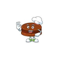 A picture of chocolate alfajor cartoon character wearing white chef hat