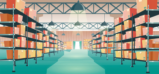 Warehouse interior with cardboard boxes on metal racks. Vector cartoon illustration of empty storage room interior with goods, cargo and parcels on shelves. Storehouse in store, garage, market © klyaksun